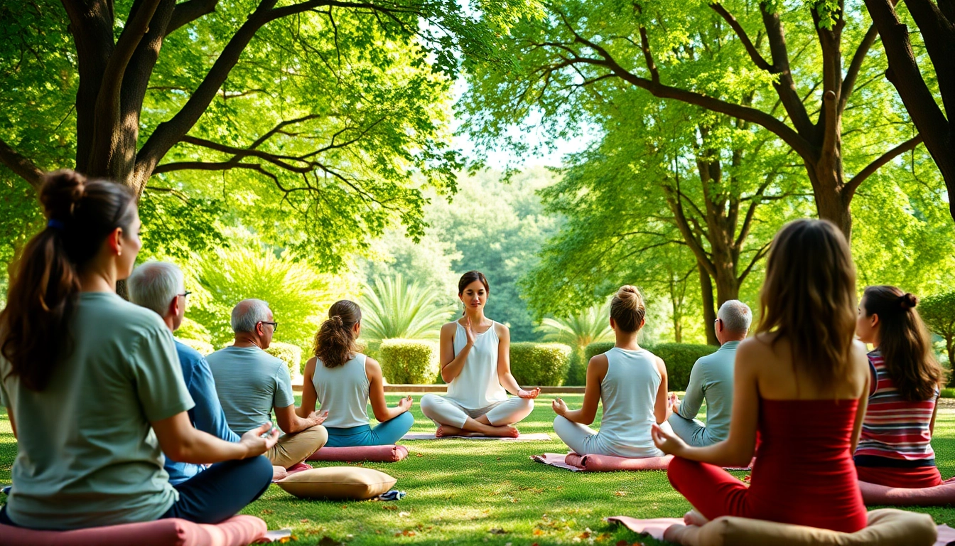 Embrace relaxation through guided meditation addressing stress and anxiety in a serene outdoor setting.