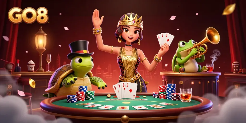 Engage with the GO8 casino experience featuring colorful poker games in a vibrant speakeasy.