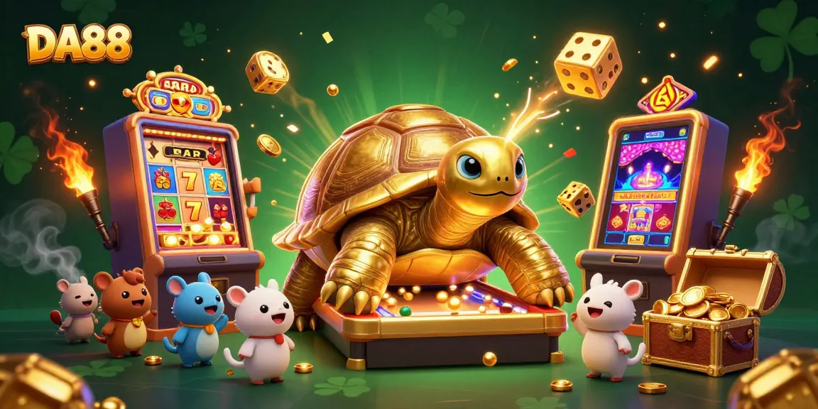 Engage with DA88 in a vibrant casino scene featuring a golden tortoise and exciting gaming elements.
