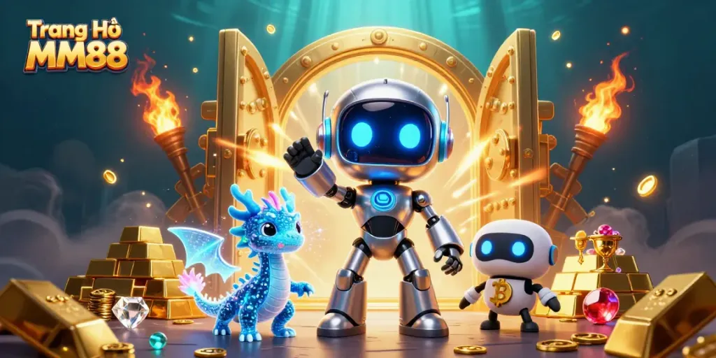 Engage with the thrilling world of Trang Chủ MM88 through our vibrant 3D casino illustration featuring dynamic characters and treasures.