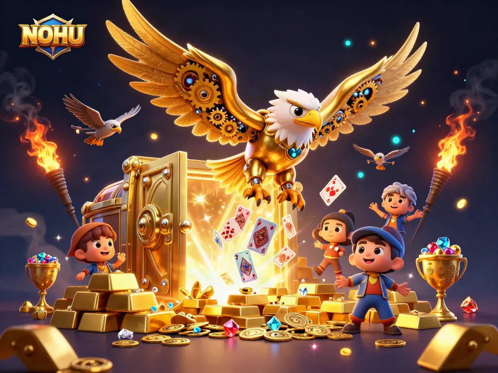 Experience the thrill of jackpots with NOHU's golden eagle soaring through holographic cards and treasures.