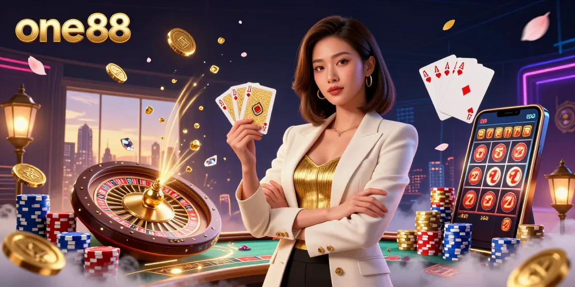 Experience thrilling gameplay at one88 with an elegant Asian woman dealing golden cards amidst vibrant casino elements.