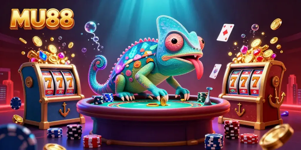 Engage in exciting slots action with MU88's vibrant chameleon casino owner in a dynamic underwater scene.