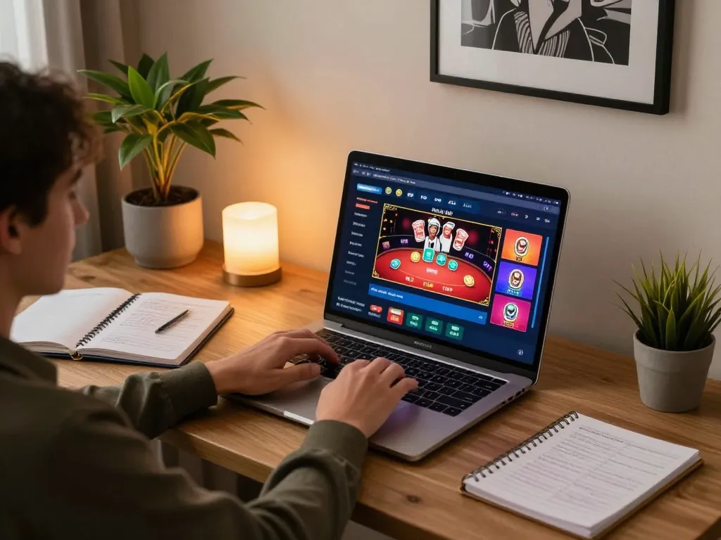 Player engaging in online casino gaming at home using kkwin, with laptop displaying vibrant slots