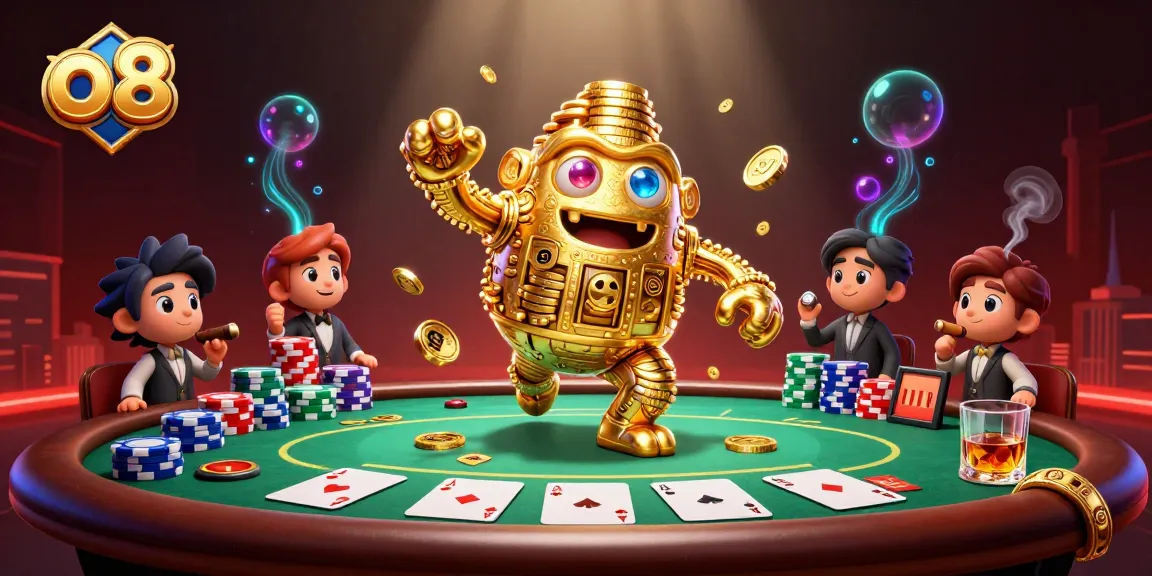 Engage with o8's vibrant casino experience featuring a golden golem and poker elements in action.