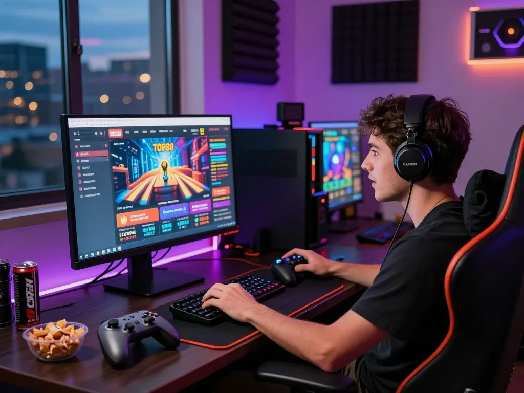 Online gaming enthusiast engaging with TOP88 casino interface in vibrant setup.