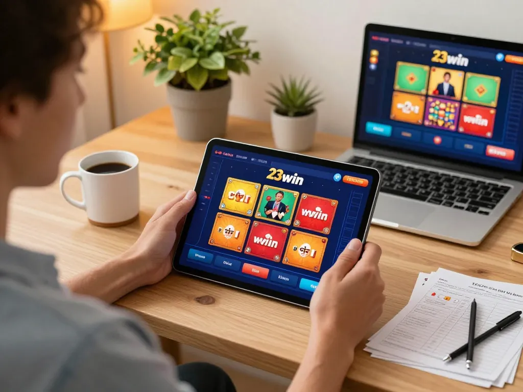 Engaging with 23win casino app on a tablet in a cozy home gaming setup