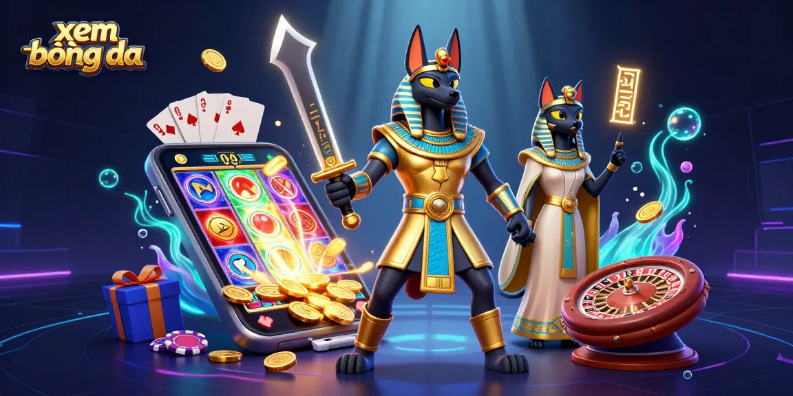 Xem bóng đá live action with Anubis and Bastet, featuring casino elements and vibrant visuals.
