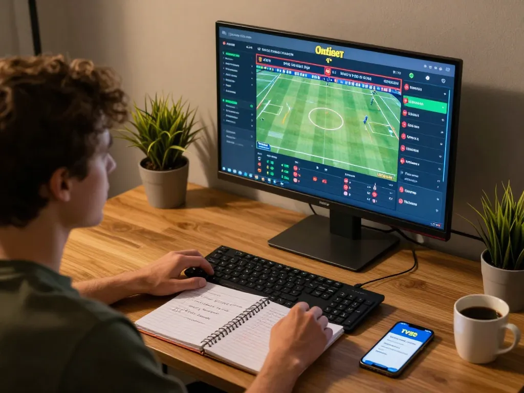 Betting with TV88 app on a home desk, showcasing live sports events and strategic notes.
