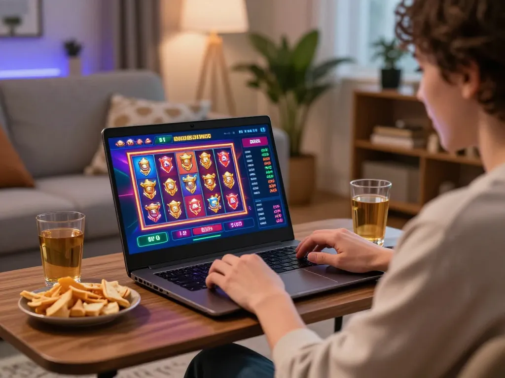 Player engaged in online gambling at home using OK365 on a laptop, showcasing vibrant game interface.