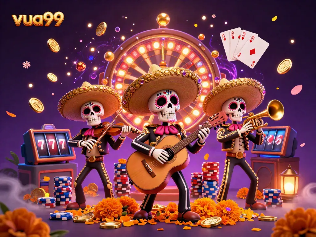The vibrant skeleton mariachi band celebrates gaming at vua99 with coins, cards, and excitement.