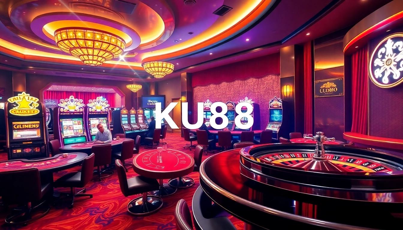 Exciting gameplay at Nhà Cái KU88 casino with poker tables, slot machines, and roulette.