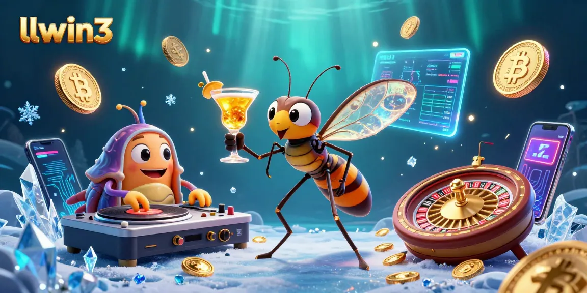 Experience excitement with llwin3, as a frozen mosquito mascot raises a golden cocktail amidst animated casino elements.