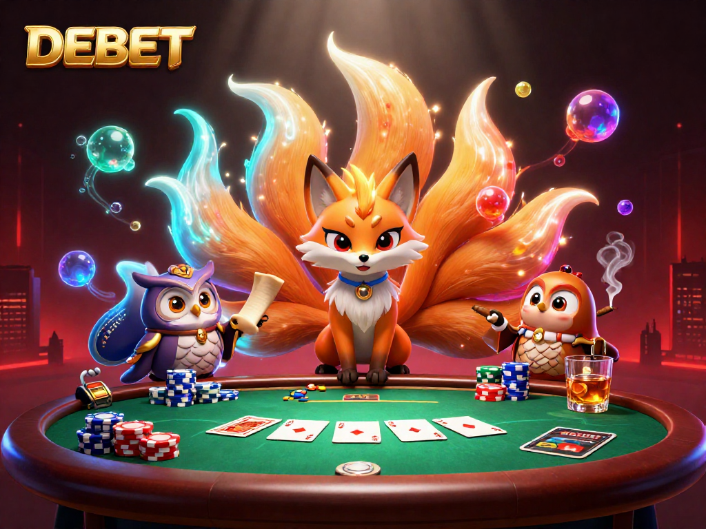 Play incredible card games at DEBET with our captivating nine-tailed fox and wise owl in a vibrant casino scene.