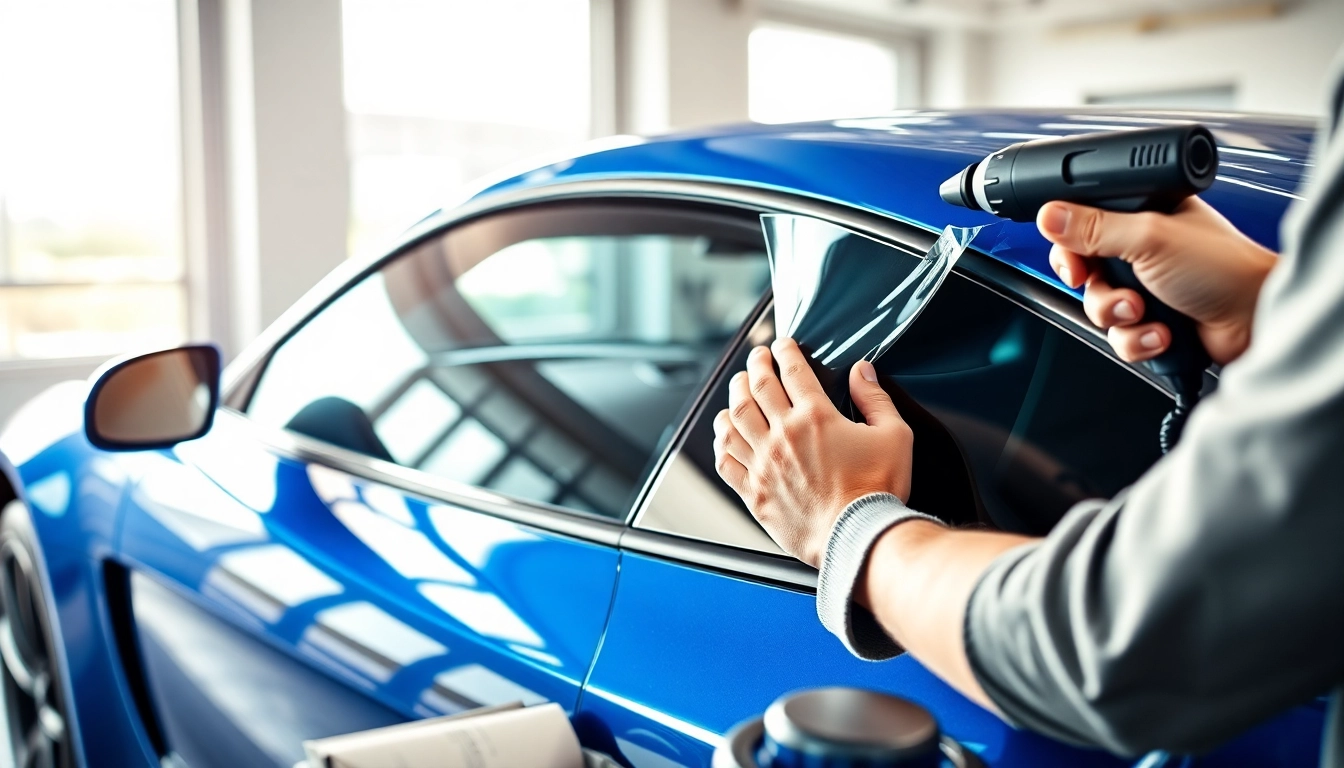 Applying window tinting Cleveland TN to a sleek blue sports car indoors with bright light.