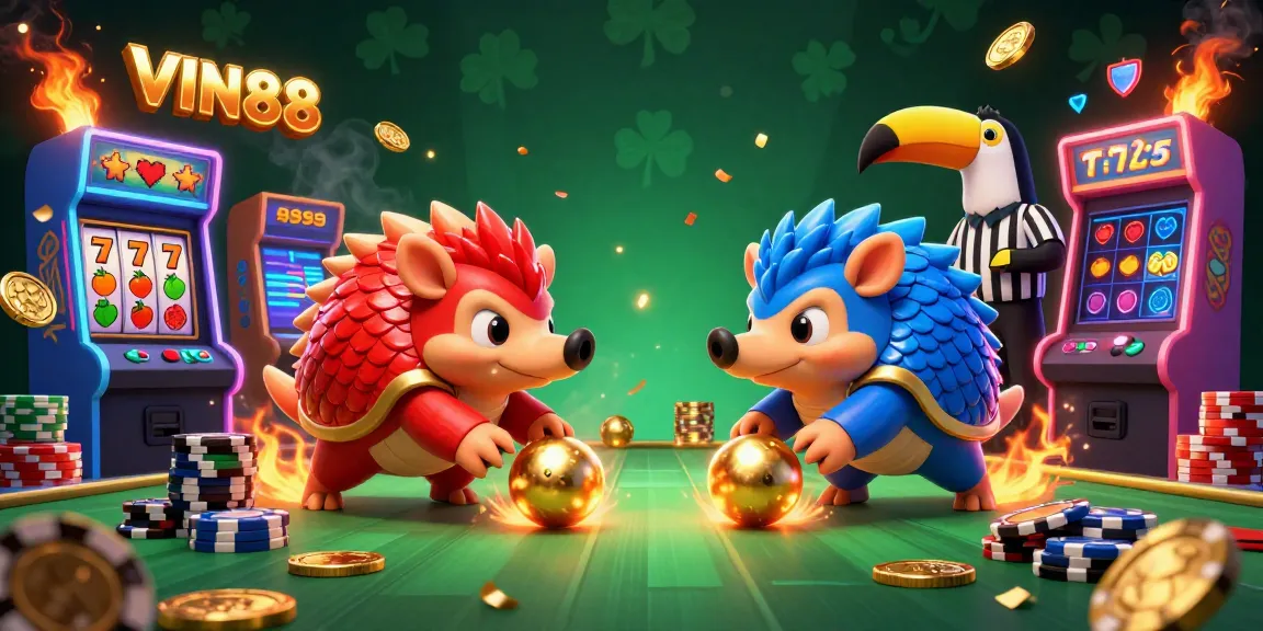 Experience the excitement of VIN88 where rival pangolins compete in a vibrant casino game environment.