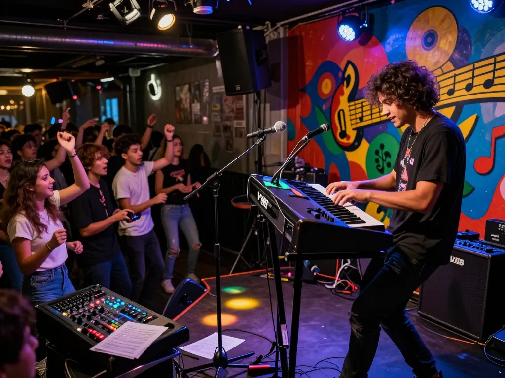 Musician performing with VK88 organ on stage, vibrant urban venue, electric atmosphere.