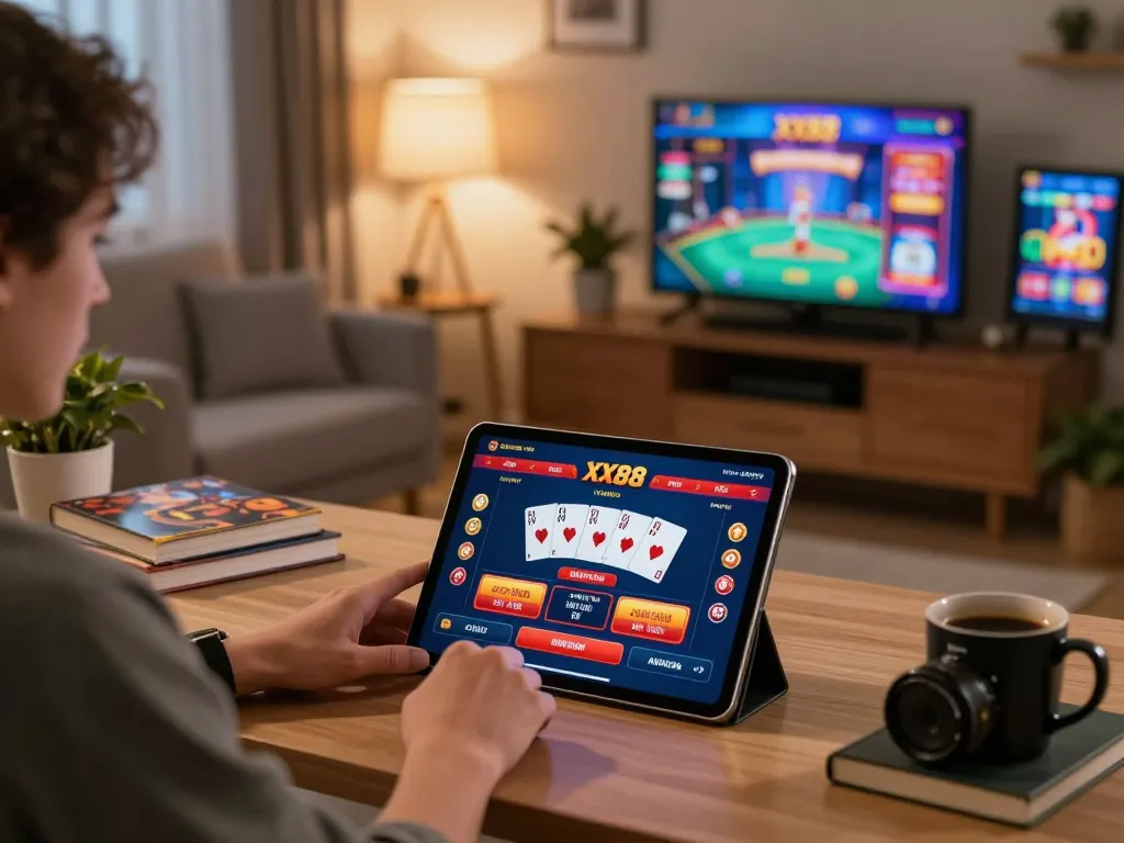 Engaging with link xx88 while playing poker on a tablet at home, showcasing strategic gameplay environment.