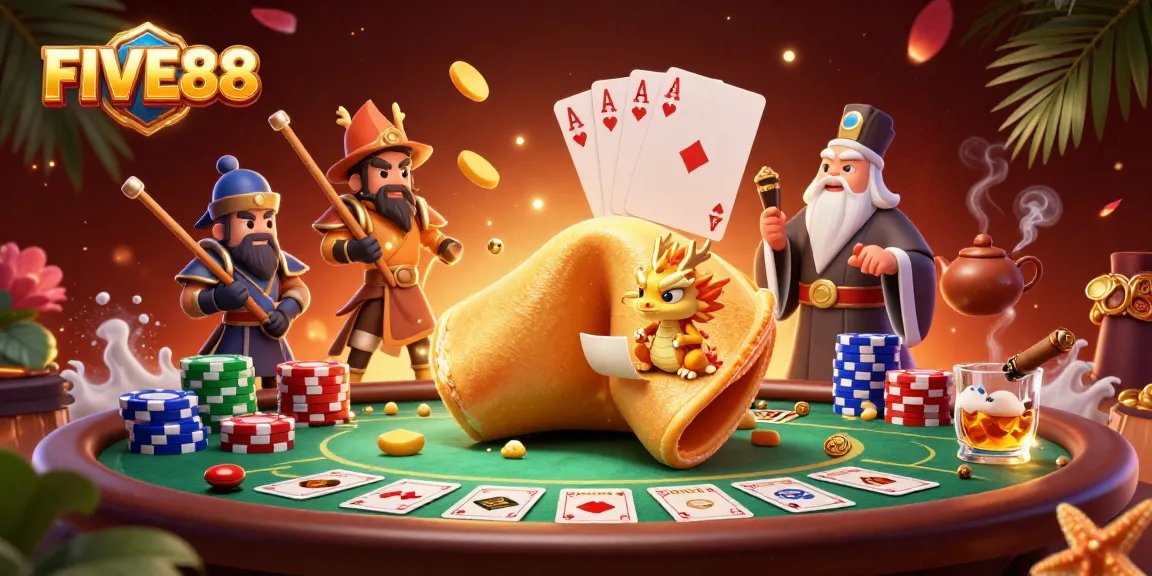 Engage with FIVE88's thrilling fortune cookie scene featuring poker elements and a wise dragon.
