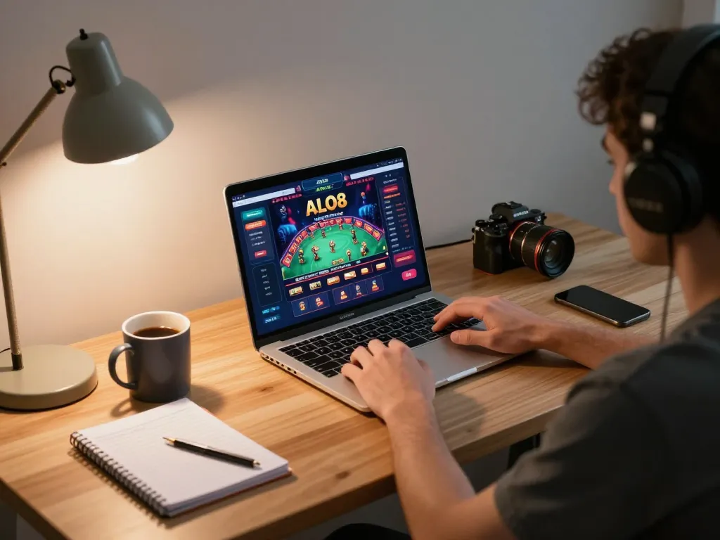 Gamer engaging with ALO8 casino app on laptop in a stylish home office environment