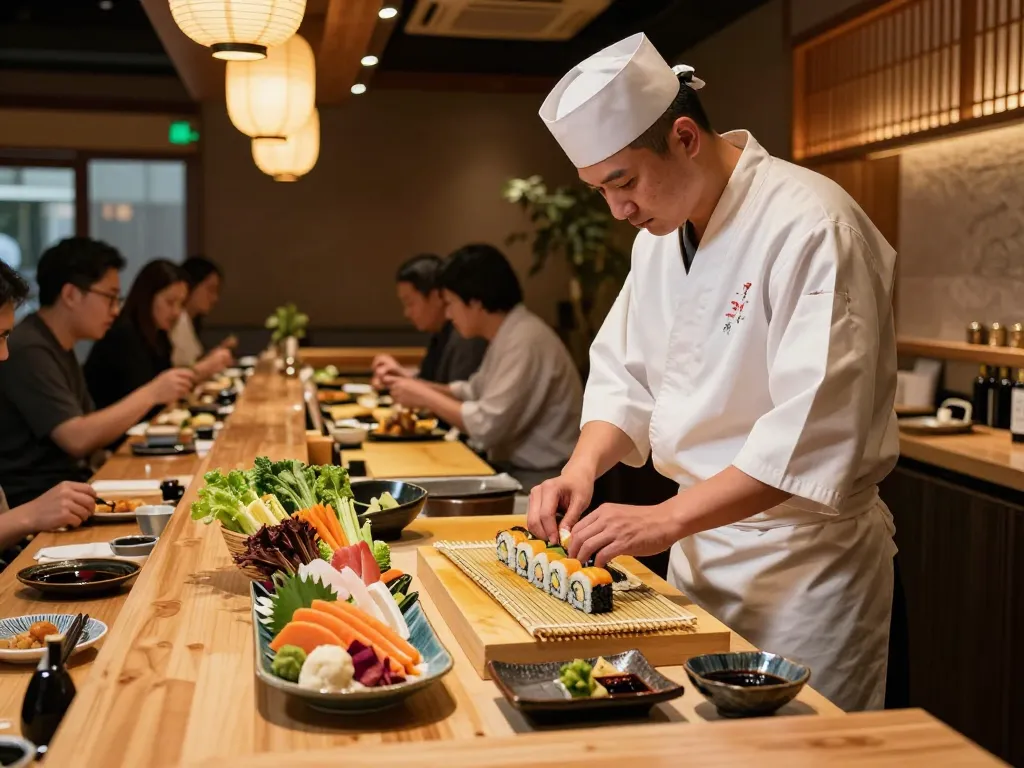 Experience the vibrant dining atmosphere at RED88 Asian Bistro, with chefs preparing traditional dishes and fresh ingredients.