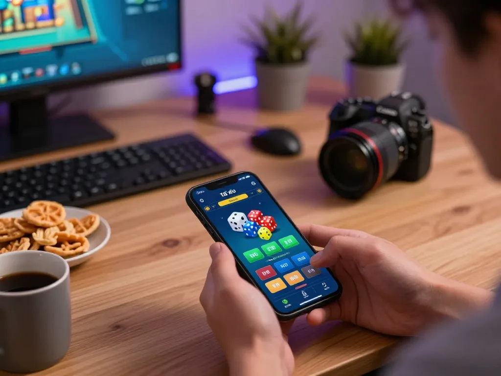Enjoying the app tài xỉu online while engaging with a cozy home gaming setup and vibrant interface.