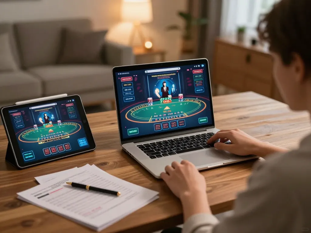 SC88 player enjoying an online baccarat game on a laptop with strategy notes