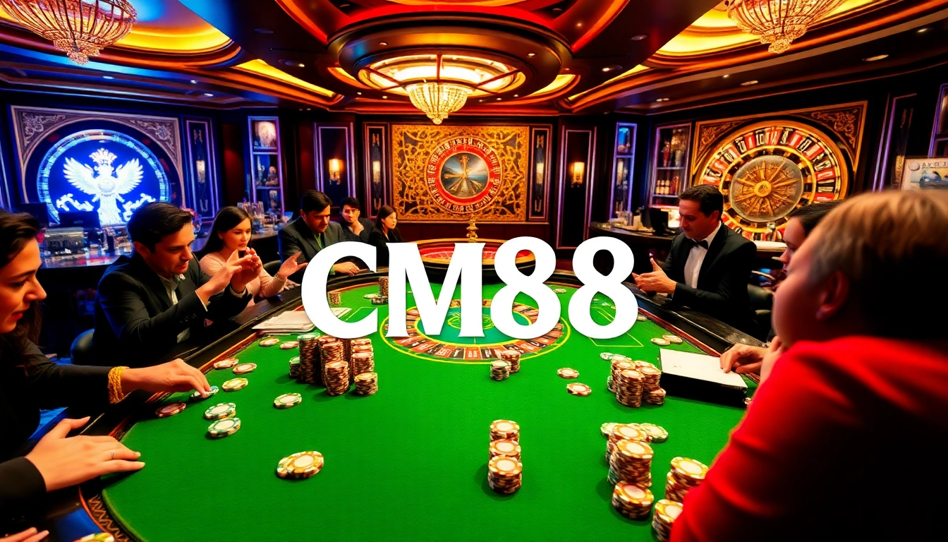 Gamblers strategizing at a vibrant poker table featuring CM88 poker chips and cards in a luxurious setting.