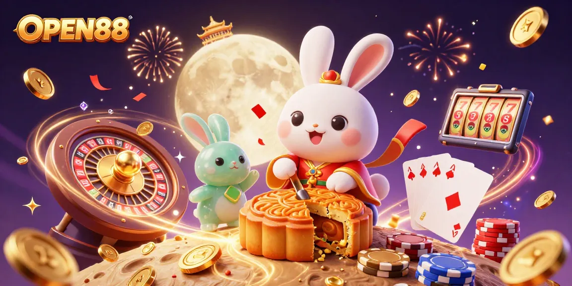Experience the thrill of winning with OPEN88, showcasing a fantasy scene of a celestial rabbit revealing poker chips.