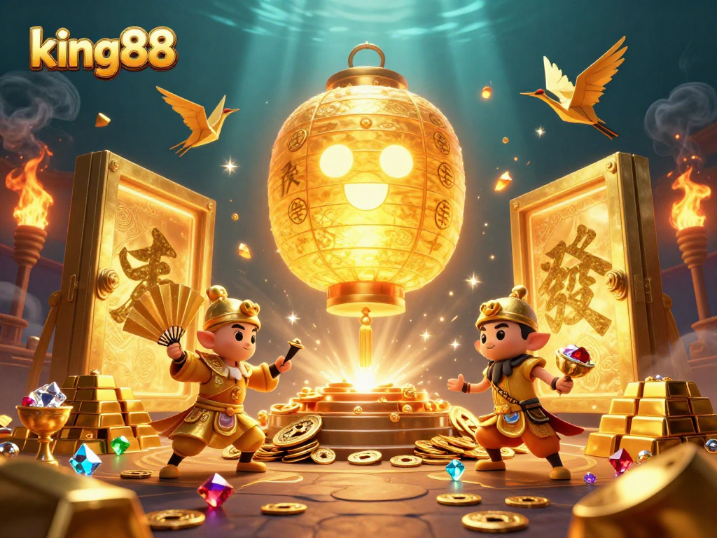 Experience exciting gameplay at king88 with vibrant golden elements and animated characters in a dynamic casino scene.