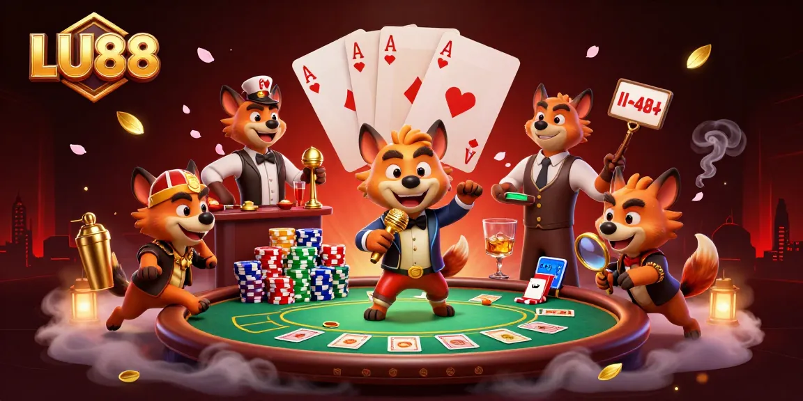 LU88 engages players with lively hyenas, a comedy casino ambiance, and vibrant game elements.