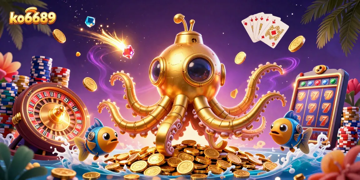 Join the action at ko6689, featuring a golden kraken submarine surrounded by coins and gaming elements.