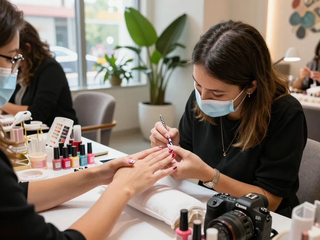 Client receiving nail service with vibrant Nails art in a chic salon environment.