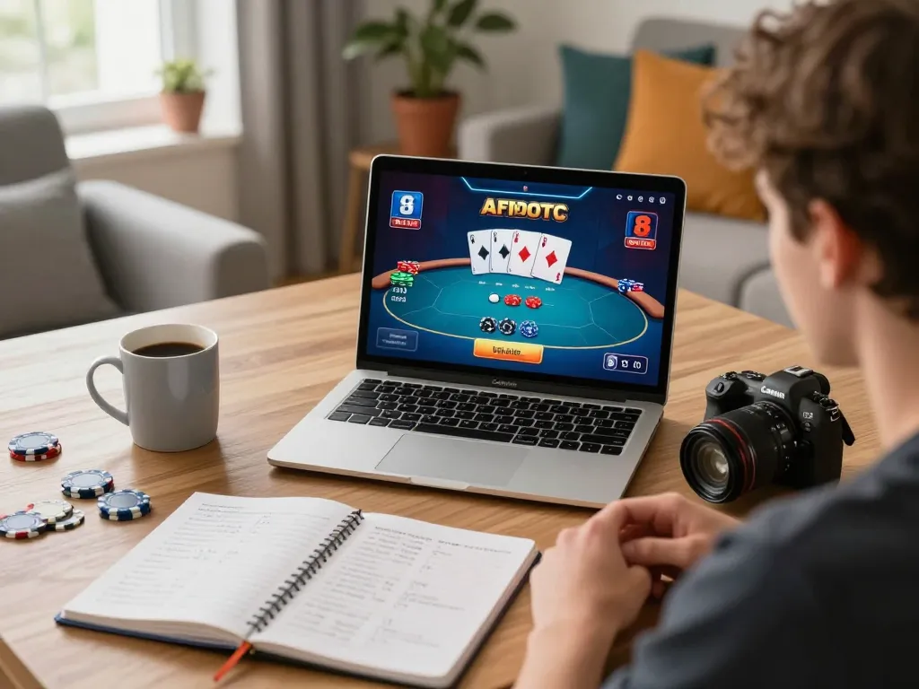 Engaging online poker gameplay with du88 on a laptop, showcasing strategy and enjoyment in a cozy setting.