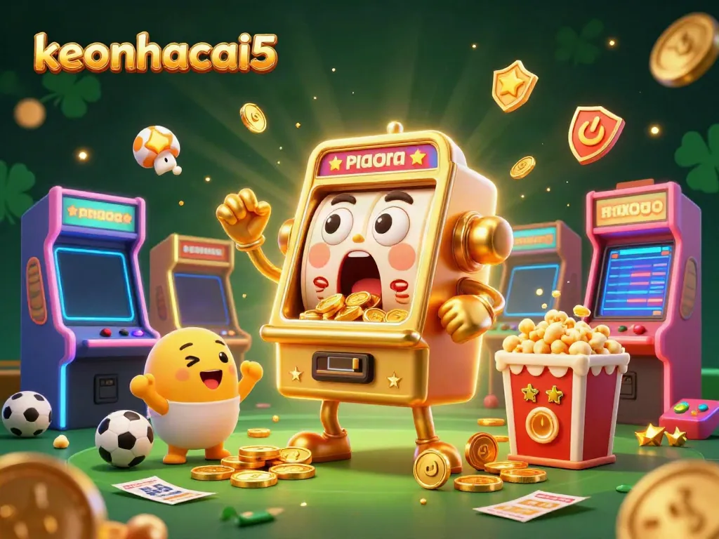 Celebrate wins with keonhacai5 in a lively sports betting scene featuring a golden slot machine.