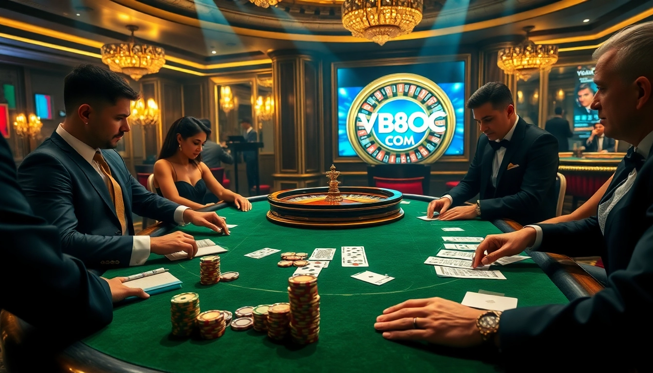 Players engaged in a high-stakes game at VB88 COM casino table, showcasing excitement and professionalism.