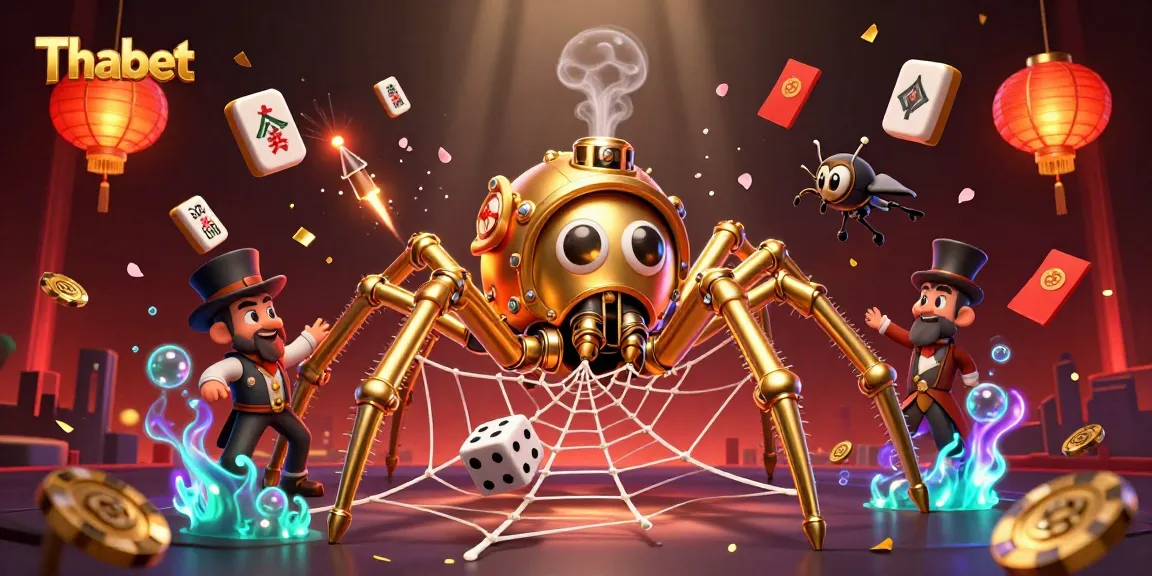 Thabet showcases a thrilling steampunk casino environment featuring a golden spider and poker elements.