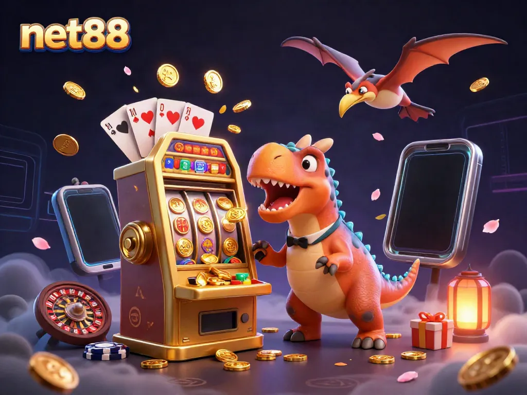 net88 showcases a 3D pachycephalosaurus headbutting a slot machine in a vibrant casino scene