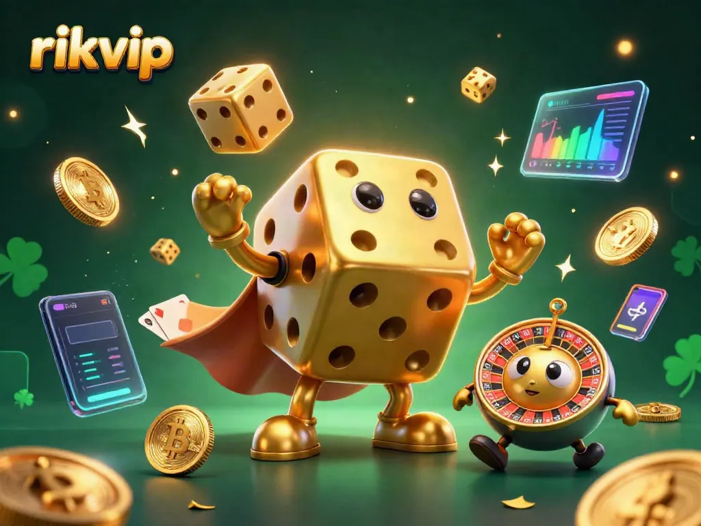 Engage with rikvip's gaming universe, showcasing a golden dice golem and crypto elements.
