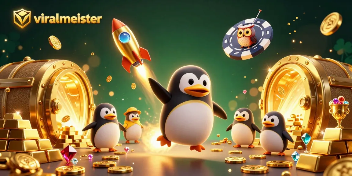 Engage with viralmeister's thrilling casino adventure, featuring a golden penguin blasting through a vibrant gambling universe.