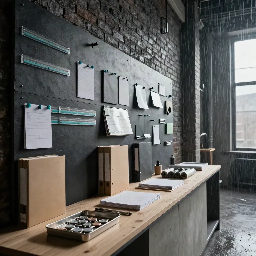 Loft s workflow nástěnkou, složkami a plánovacími tubusy v dramatickém světle.