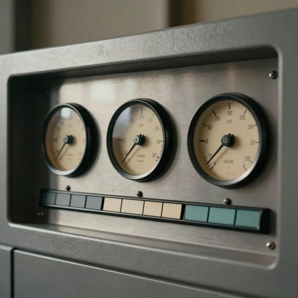 Analogový KPI panel s ciferníky a tyrkysovými štítky v jemném světle.