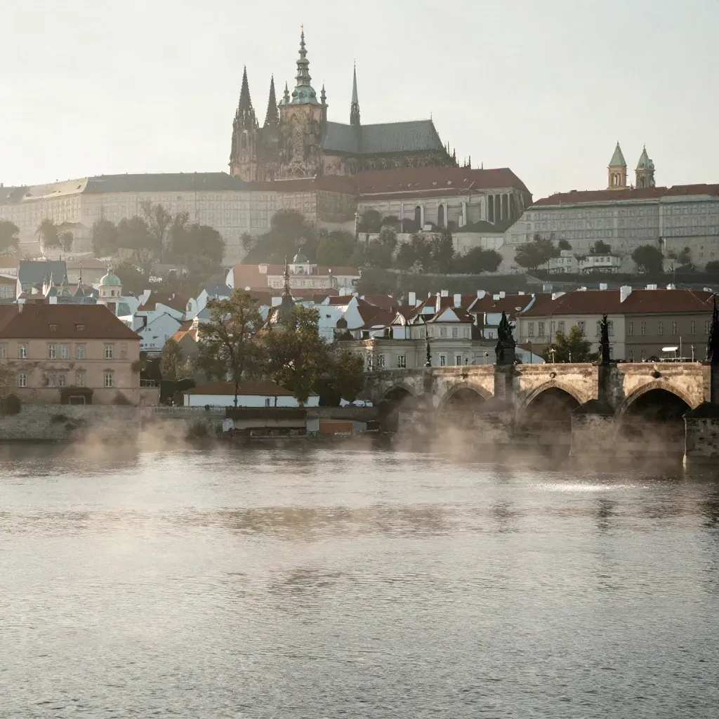 Pražský hrad a Vltava v ranní mlze s kamenným nábřežím a jemným světlem.