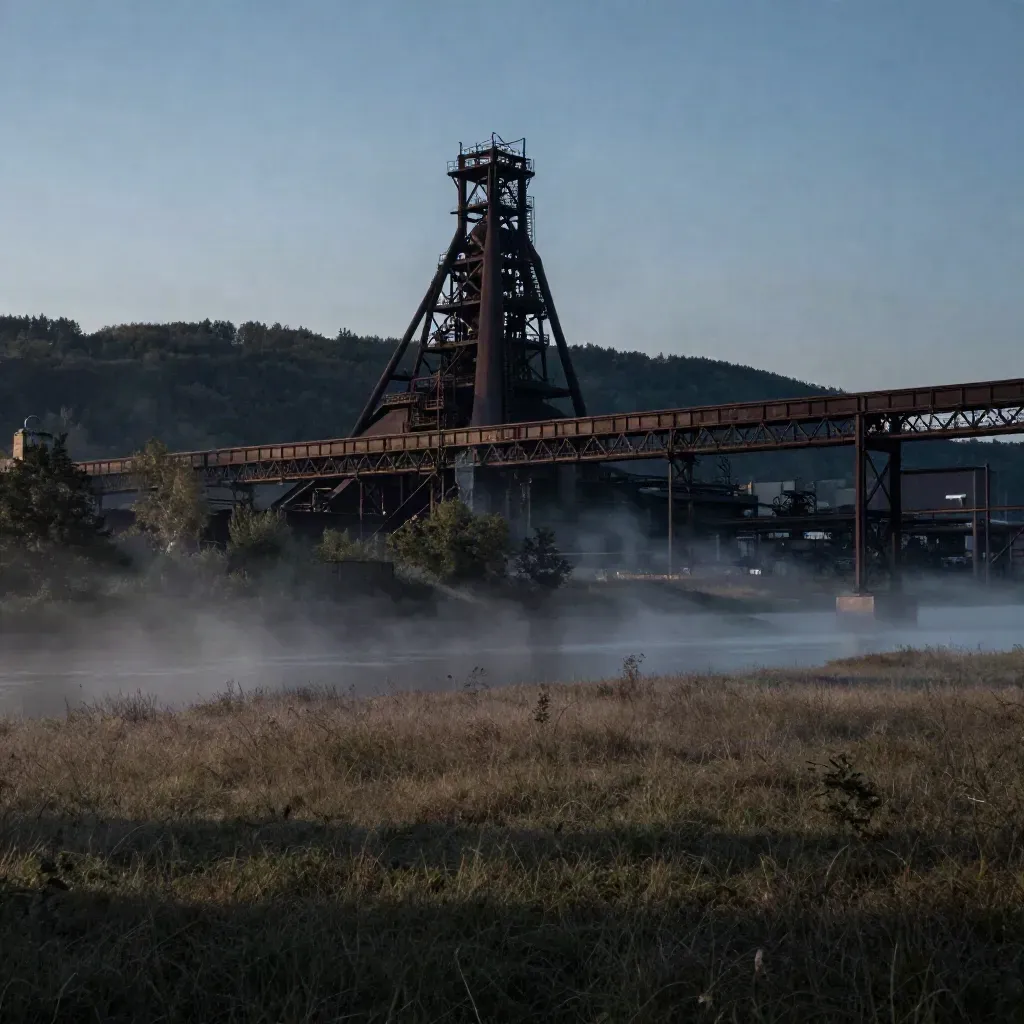 Průmyslová silueta Dolní oblasti Vítkovic v mlze pod zalesněným hřebenem