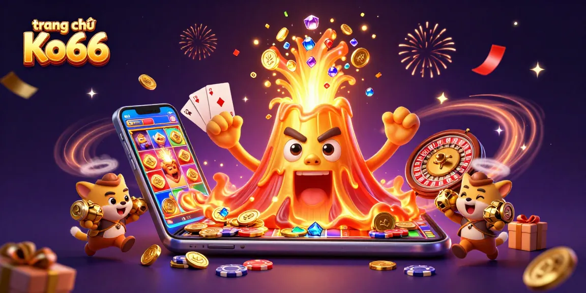 Experience excitement at trang chủ Ko66 with a playful 3D casino scene filled with treasures and games.