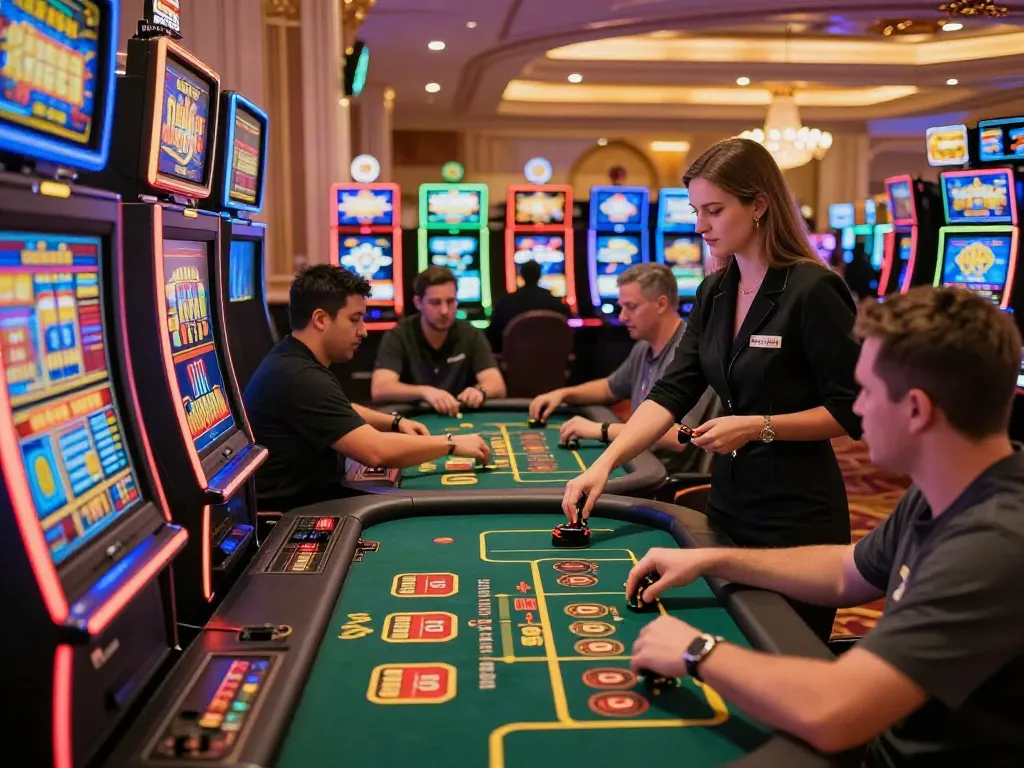 Exciting gaming environment at https://man88pro.com/ showcasing colorful slot machines and live dealer action, inviting players.