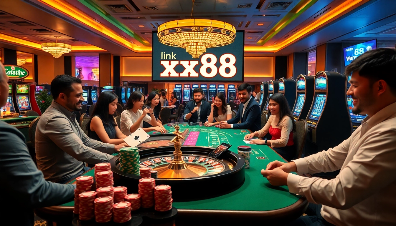 Experience the thrill of link xx88 with vibrant casino gaming, featuring players and elegant tables.