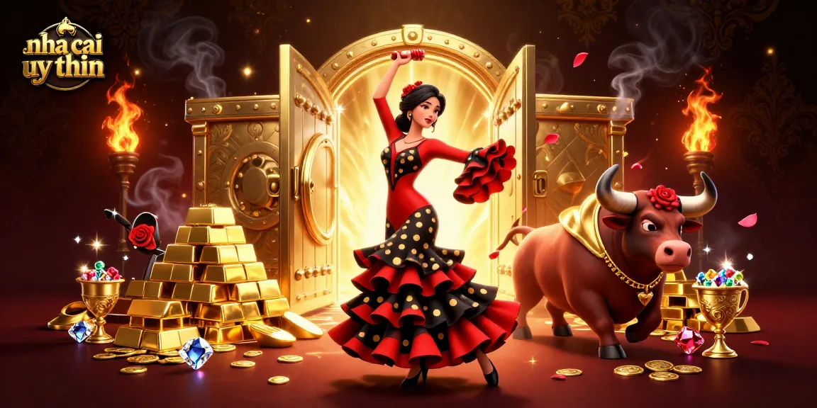 Engage in exciting gaming with nha cai uy tin, a vibrant scene of a flamenco dancer and cartoon bull amidst treasures.