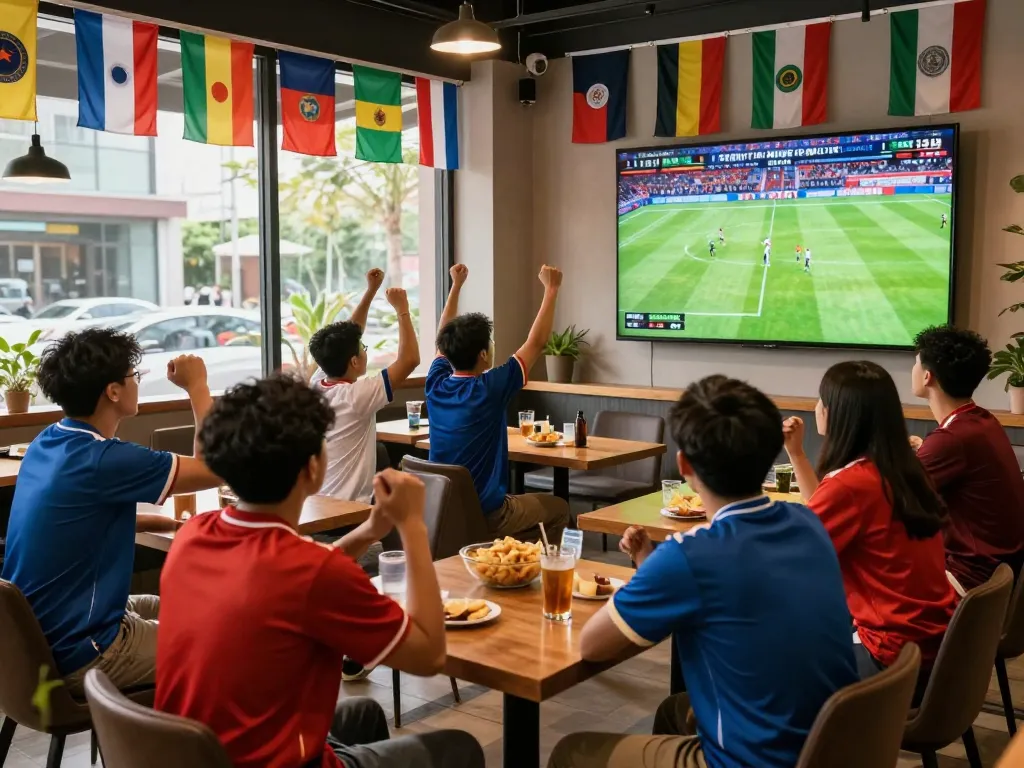 Fans enjoying live football matches on LuongSonTV in a vibrant café atmosphere.