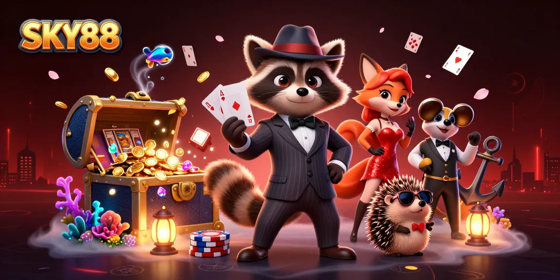 SKY88 casino illustration featuring a suave raccoon, glamorous fox, and hedgehog bouncer amidst vibrant gaming elements.